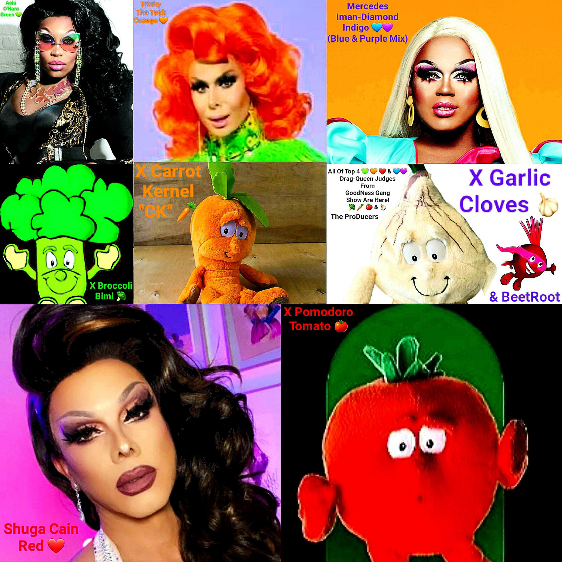 Top 4 EnterTainers From The GoodNess Gang "GG" Fruits And Vegetables Foods - TV Show Are Asia O'Hara - 💚 Green X 🥦 Broccoli Bimi Theme, Trinity The Tuck - 🧡 Orange X 🥕 Carrot Keto Theme, Shuga Cain - ❤️ Red X 🍅 Pomodoro Tomato Theme And Mercedes Iman-